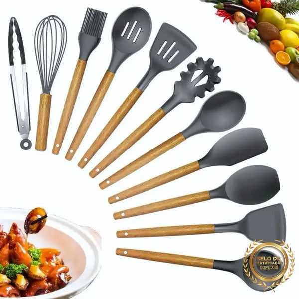 Jogo de Cozinha Kit C/12 Peças de Silicone, Utensílios e Copo Suporte para Cozinha Cabo de Madeira