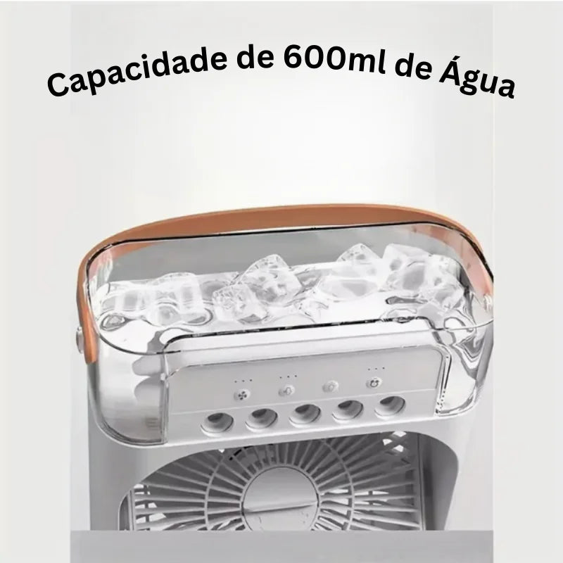 Umidificador com ventilador de nebulização e sistema de ar condicionado com design compacto portátil de 3 velocidades, ideal para dias secos.