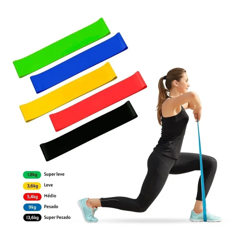 Kit de 5 Mini Faixas Elásticas Ideal p/ Exercício/Academia/Treino/Funcional/Mobilidade em Casa.