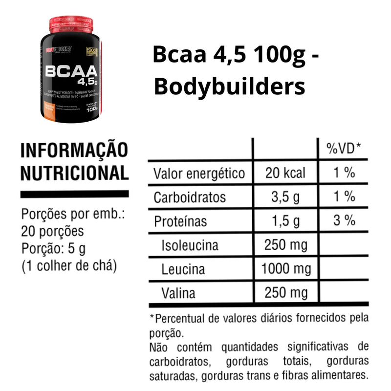 BCAA 4.5 100g Sabor Tangerina-Fisiculturistas Suplemento em Pó para Recuperação Muscular